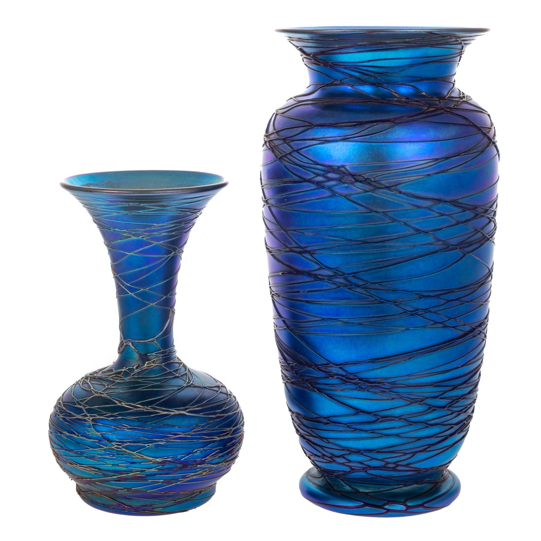 Two Threaded Blue Favrile Glass Vases (1 of 7)