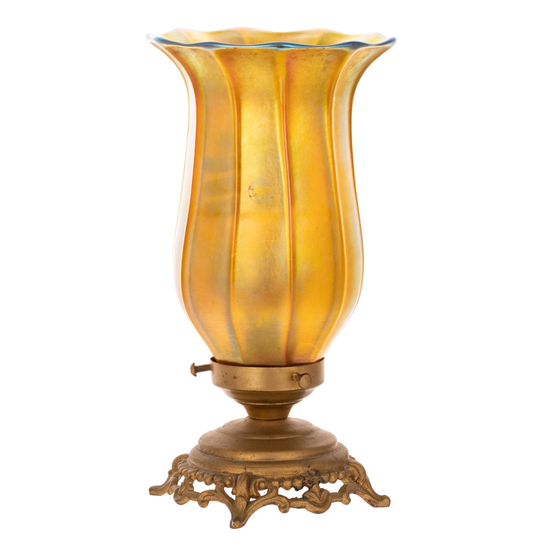 Quezal Glass Tulip Shade Boudoir Lamp: Gold and blue iridescent blown glass shade on ormolu base, 9 1/4 in. H