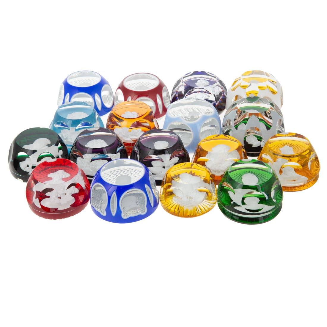 17 Art Glass Paperweights of World Leaders: 17 art glass paperweights of world leaders, 16 marked. Includes CR. Albert Sulphide paperweights of John Paul Jones and Jackie and John Kennedy; Baccarat paperweights of Louis XIV, Julius Caesar, Alex