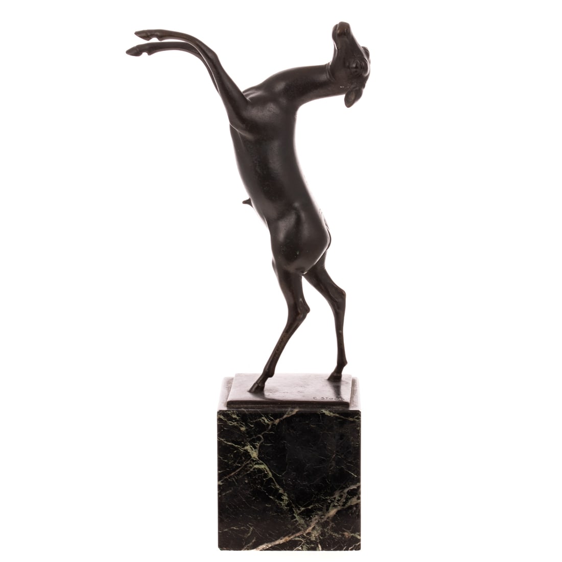 Carl Stock. "Antelope," bronze: Carl Stock (Kesselstadt, 1876-1945) Dark brown patina on variegated green marble base, incised to top of base, 12 1/2 in. H, 5 in. W