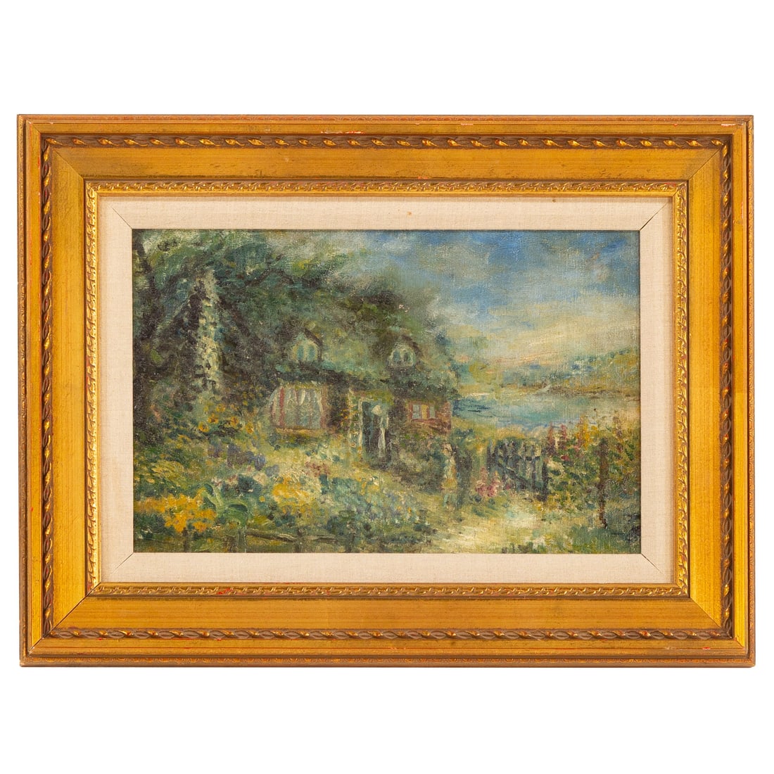 American School. Cottage Landscape, oil: (20th Century) Oil on canvas, unsigned, sight size: 8 1/4 x 13 in., framed size: 14 x 19 in.
