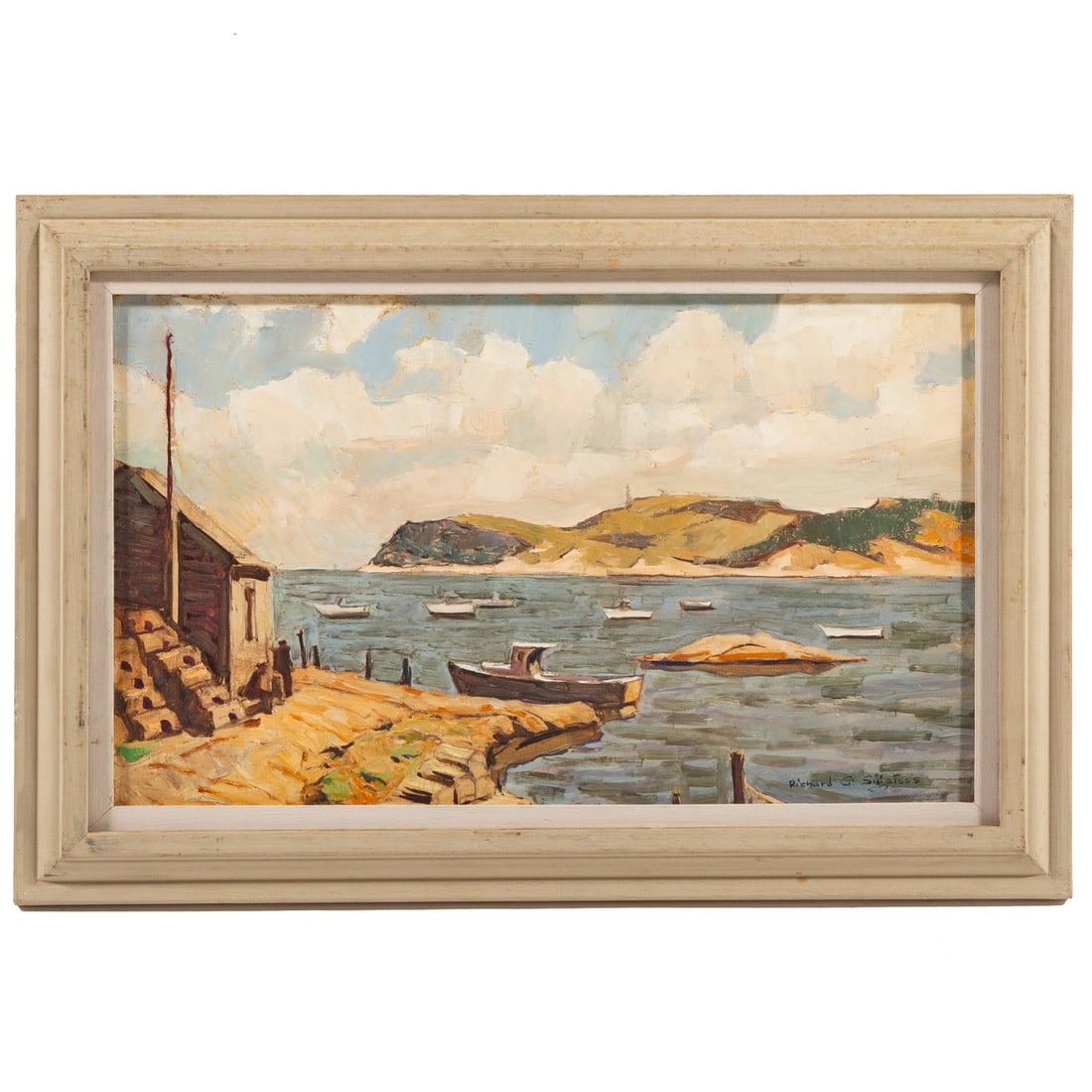 Richard Sigafoos. "Beal's Island," oil: (American, 1908-1985) Oil on masonite panel, signed lr, label attached on verso with title, sight size: 11 1/2 x 19 1/2 in., framed size: 16 x 24 in.