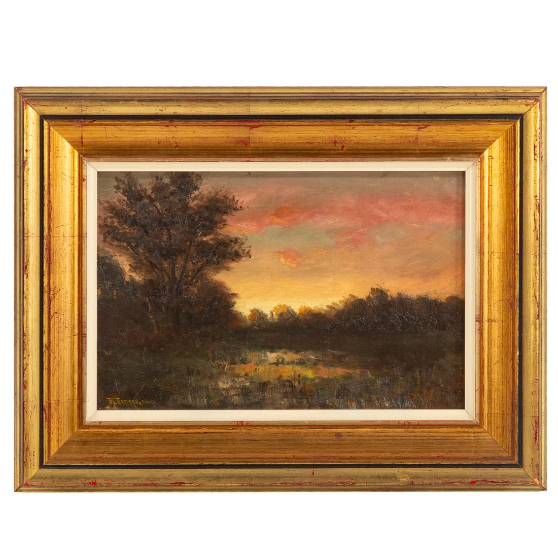 Henry Farrer. Twilight Landscape, oil: (British, 1843-1903) Oil on canvas, 1873, signed "H. Farrer" and dated ll, sight size: 8 3/4 x 13 1/2 in., framed size: 15 x 19 1/2 in.