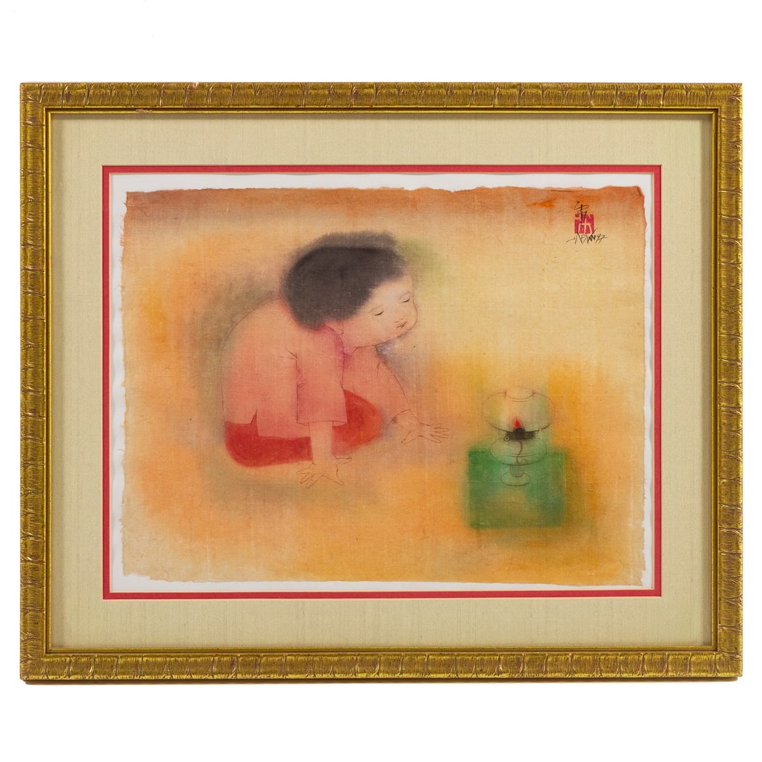 Chinese School. Child with Oil Lamp, watercolor: (20th century) Watercolor and ink on on paper, 1997, signed and dated ur, sight size: 13 x 17 in., framed size: 18 1/2 x 22 1/2 in.
