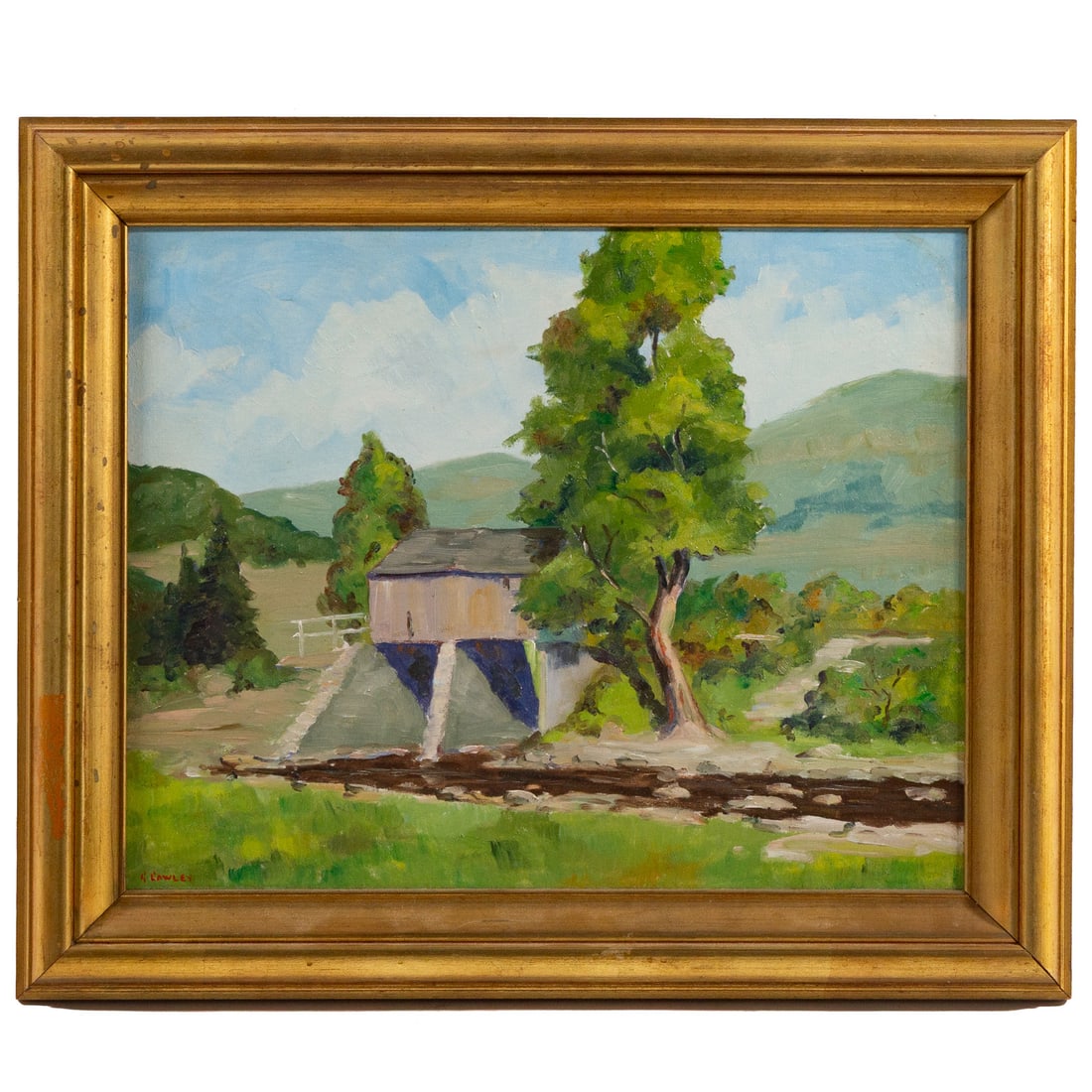 John Douglas Lawley. Rural Covered Bridge, oil: (Canadian, 1906-1971) Oil on canvas board, signed ll, sight size: 15 x 19 1/4 in., framed size: 20 x 24 1/4 in.