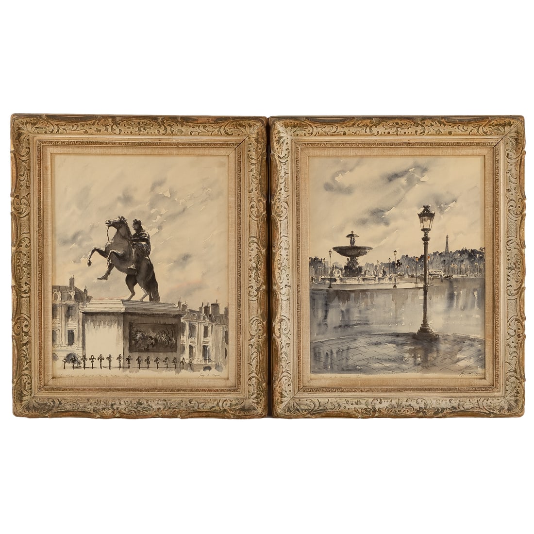 Guy de Neyrac. Two Paris Views, ink & wash: (French, 1900-1950) Pen and ink with wash on paper, each signed "Guy de Neyrac" lr, sight sizes: 23 x 18 in., framed sizes: 31 1/2 x 26 1/2 in.