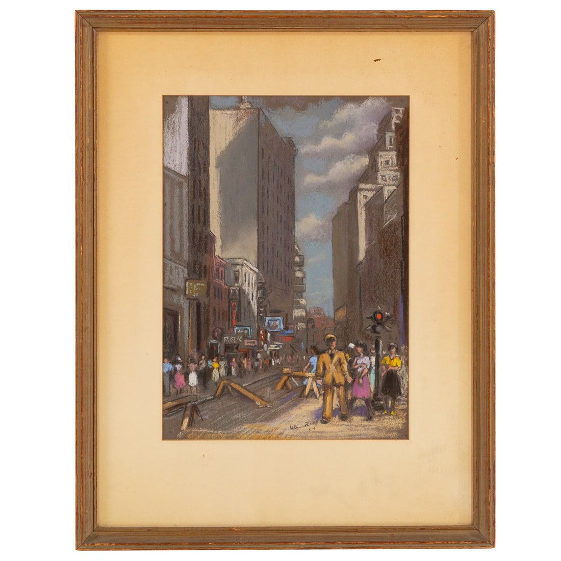 U. Bell. "Downtown," pastel: (20th century) Pastel on paper, signed and dated '54 lc, sight size: 16 x 11 1/2 in., framed size: 25 x 19 1/2 in.