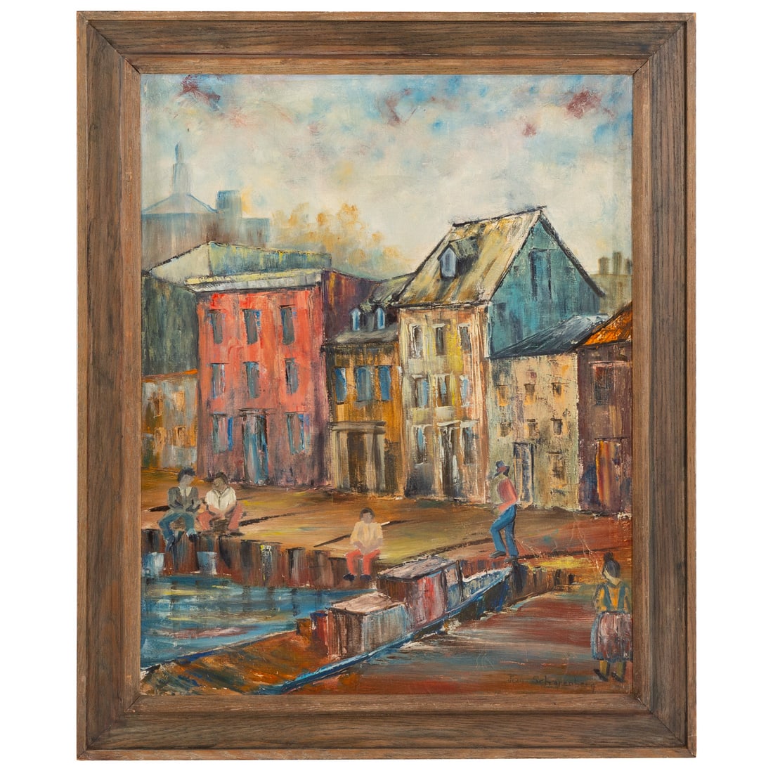 Jean Scharenberg. City Dock Scene, oil: (20th century) Oil on canvas, signed "Jean Scharenberg" lr, 30 x 24 in., framed size: 35 1/4 x 29 1/4 in.