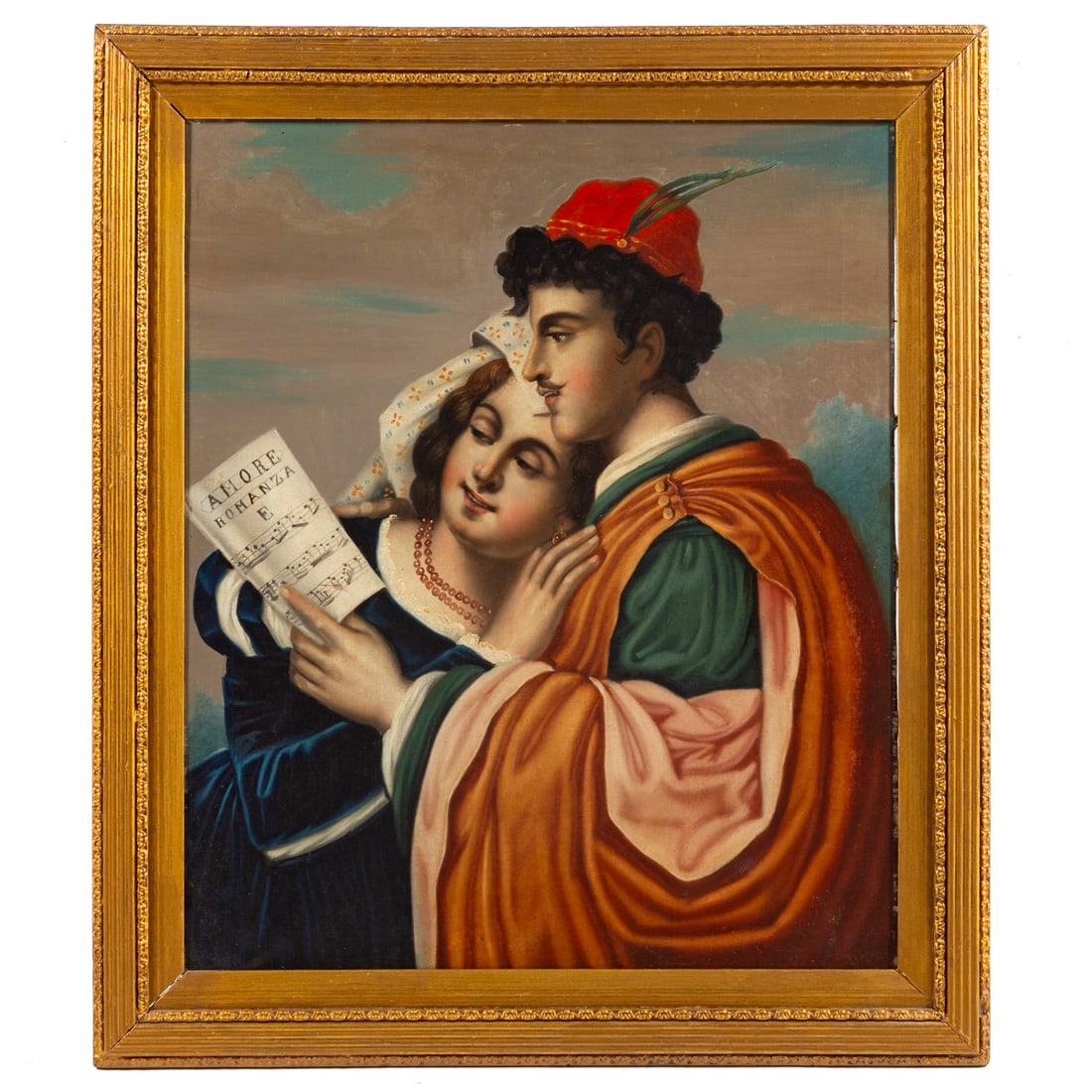 Italian School. The Lover's Song, oil: (Italian, 19th century) Oil on canvas, unsigned, 30 1/2 x 25 1/4 in., framed size: 36 1/2 x 31 1/2 in.