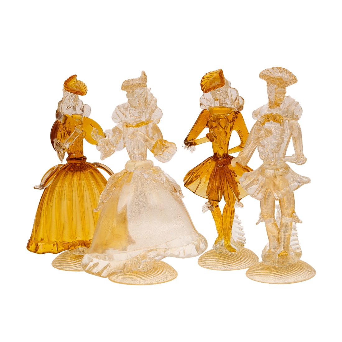 Two Pairs of Lampwork Avventurina Glass Figures: Venetian, colorless and amber glass, size of tallest: 10 1/2 in. H