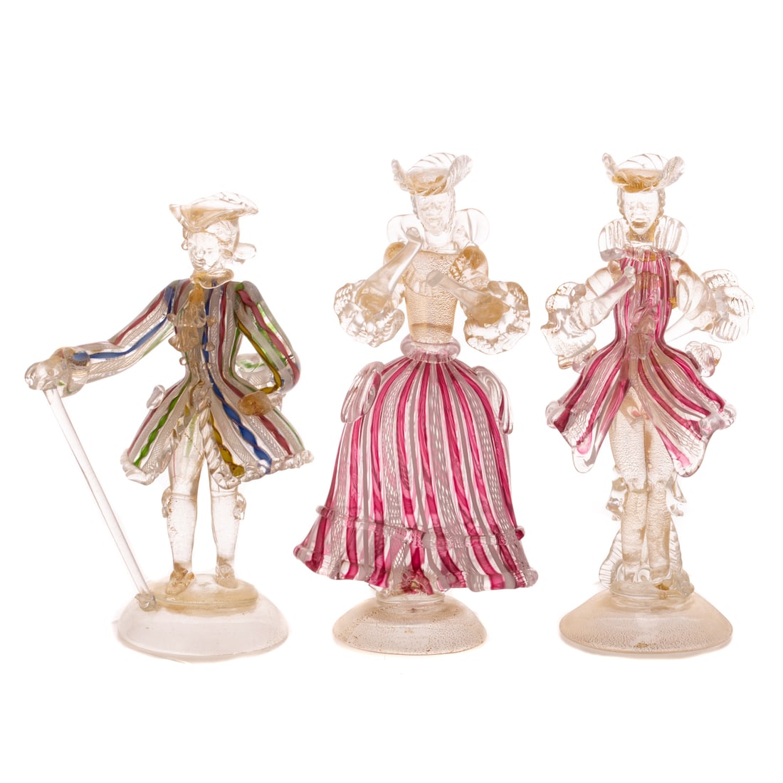 Three Murano Lampwork Zanfirico Glass Figures: Consisting of pair with white reticello and pink solid canes and one with varicolored twisty and white reticello canes, having avventurina accents, size of tallest: 9 1/4 in. H
