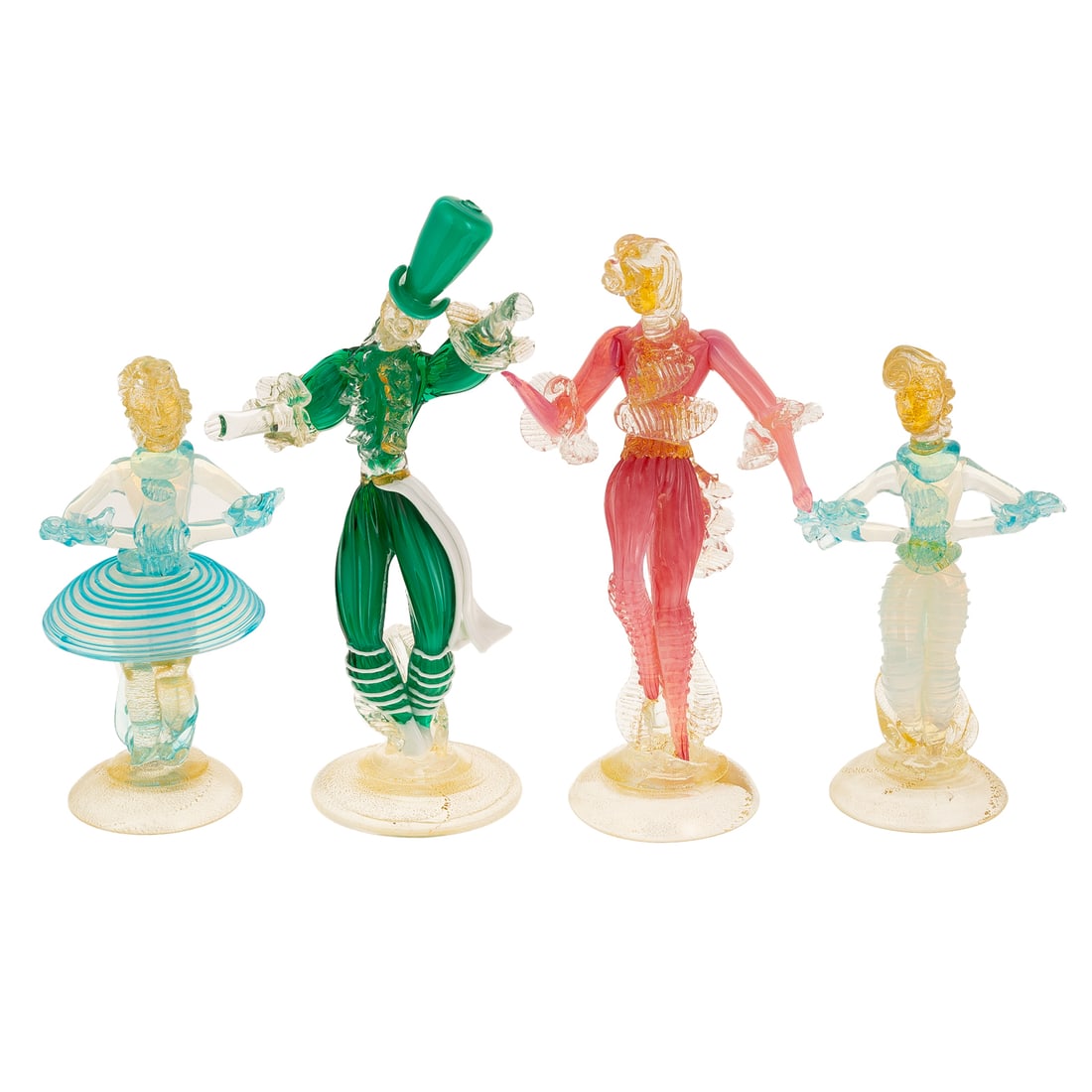 Two Pairs Lampwork Glass Figures: Venetian, a green and pink and opalescent blue with aventurina colorless accents, size of tallest: 10 in. H