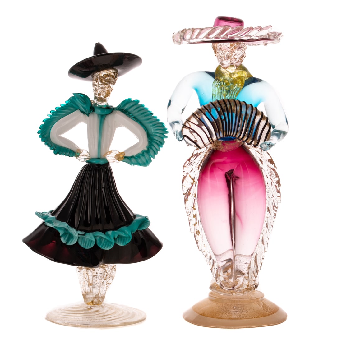 A Near Pair of Venetian Lampwork Glass Figures: Varicolored and colorless avventurina, size of tallest: 12 in. H