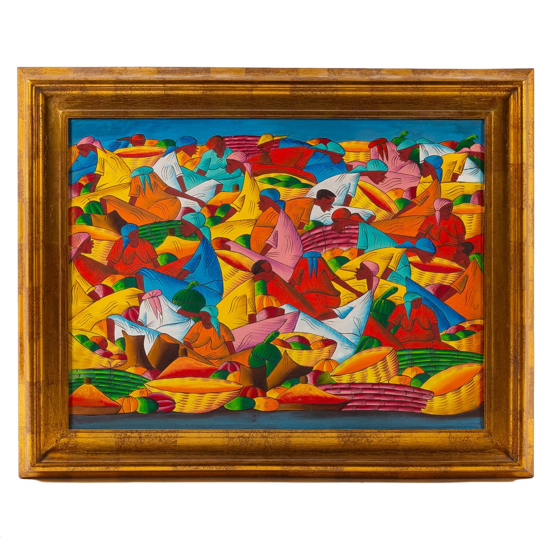 F. Louis. Women with Baskets, oil: (Haitian, 20th century) Oil on canvas, signed "F. Louis Haiti" lc, sight size: 29 1/2 x 39 1/2 in., framed size" 38 x 48 in.