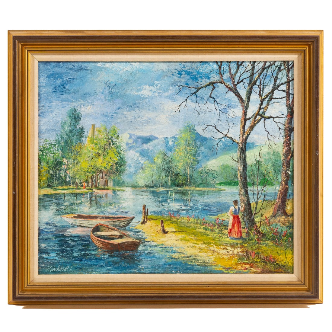 Continental School. Lakeside Landscape, oil: (20th century) Oil on canvas, signed "Reinhardt J" lr, sight size: 19 1/2 x 23 1/4 in., framed size: 25 x 29 in.