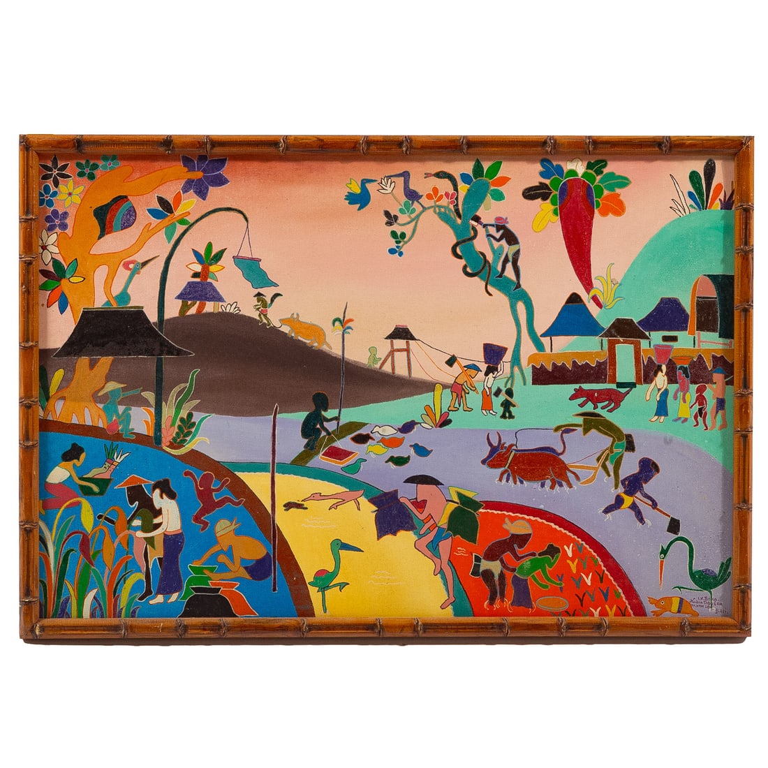 Balinese Folk Painting, acrylic: (20th century) Acrylic on board, signed lr, sight size: 16 1/4 x 24 1/4 in., framed size: 17 1/2 x 25 1/2 in.