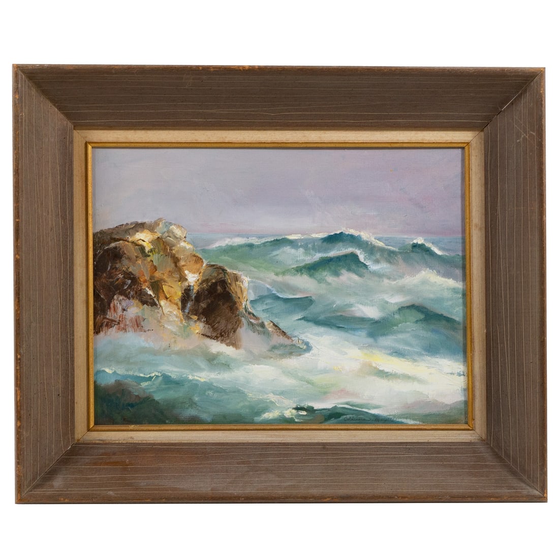 Catherine Meyers. Waves Breaking on Rocks, oil: (20th century) Oil on panel, signed lr, sight size: 11 1/2 x 15 1/2 in., framed size: 18 x 22 in.