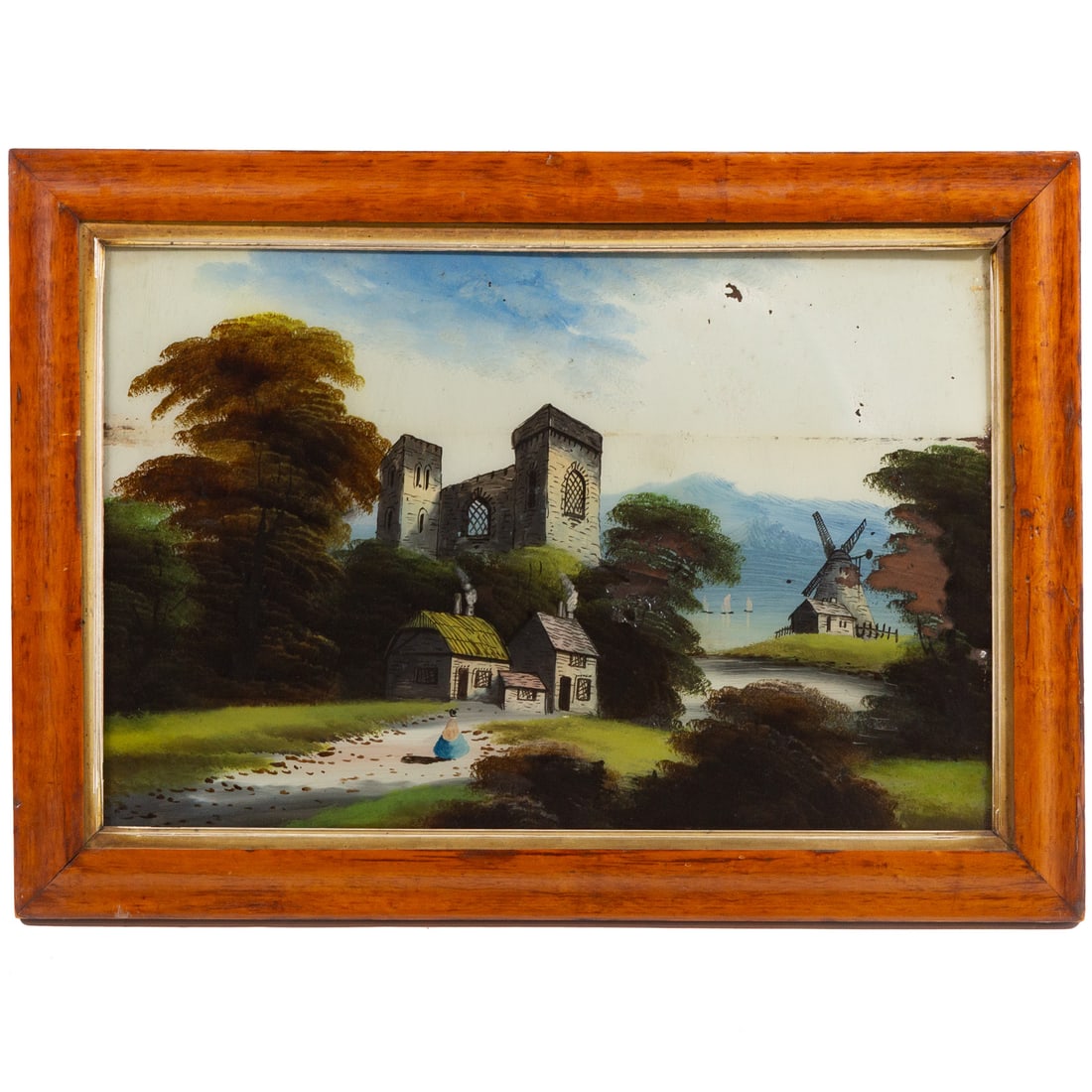 European School. Landscape with Castle & Windmill, oil: (Late 19th/early 20th century) Oil reverse-painted on glass, unsigned, sight size: 15 x 23 in., framed size: 20 x 27 3/4 in.