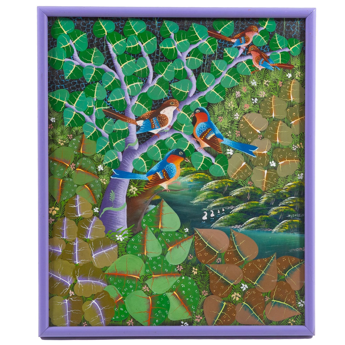 Haitian School. Tropical Landscape with Birds, acrylic: (20th century) Acrylic on canvas, signed illegibly cr (possibly P. T. Donald), sight size: 23 1/2 x 19 1/2 in., framed size: 25 1/4 x 21 1/4 in.