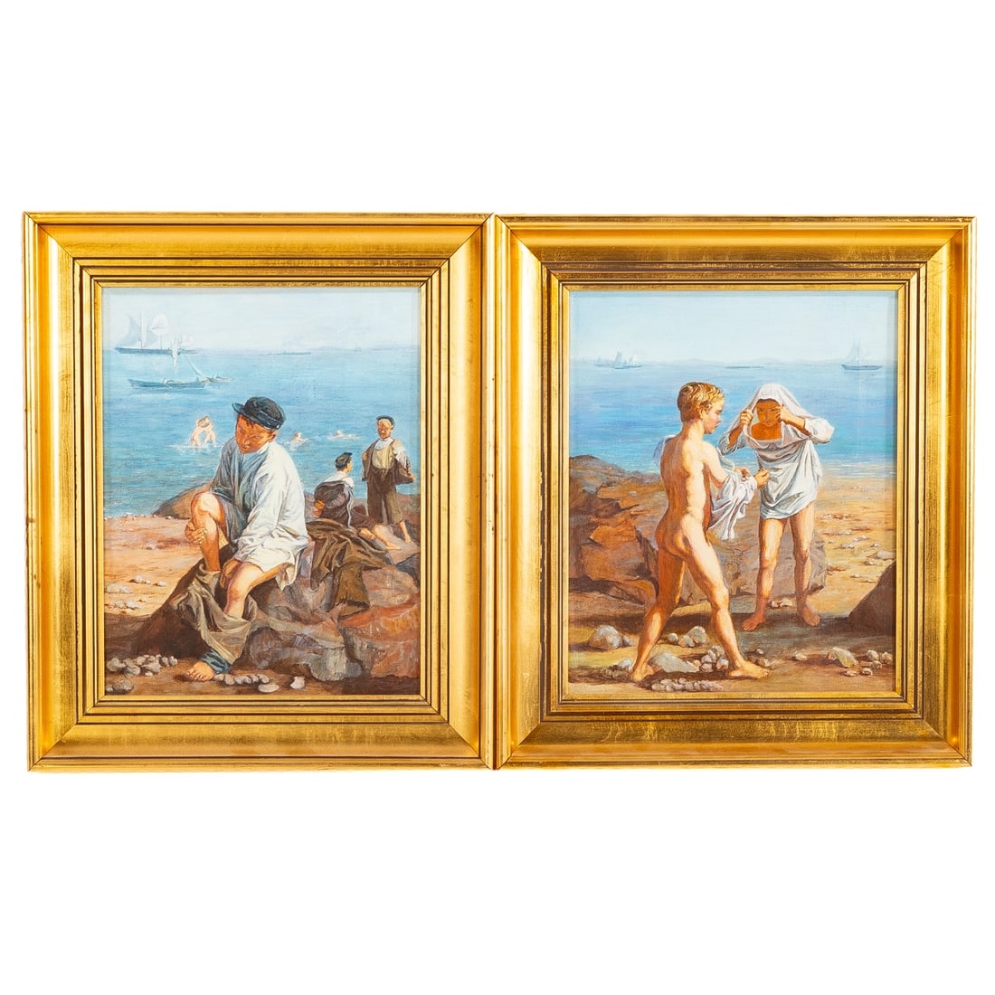 Continental School. Bathers at Beach, oil: (20th century) A pair of oil paintings on canvas, unsigned, one with additional information on verso, sight size: 13 1/4 x 10 1/4 in., framed size: 18 x 15 in.