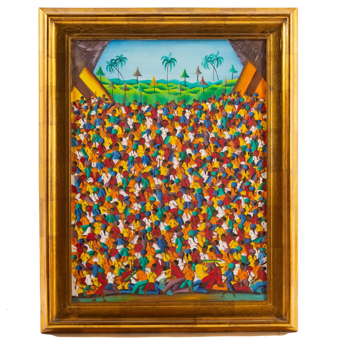 M Faustin. Packed Crowd, oil: (20th century) Oil on canvas, signed "M. Faustin," lr, canvas size: 40 x 30 in., framed size: 49 1/4 x 39 1/2 in.