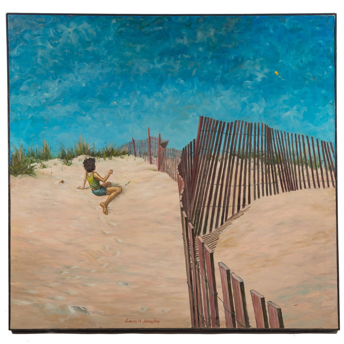 Louis A. Janesko. The Kite Flyer, oil: (20th century) Oil on canvas, signed "Louis A. Janesko" ll, 45 3/4 x 47 3/4 in., framed size:46 1/2 x 48 1/2 in.