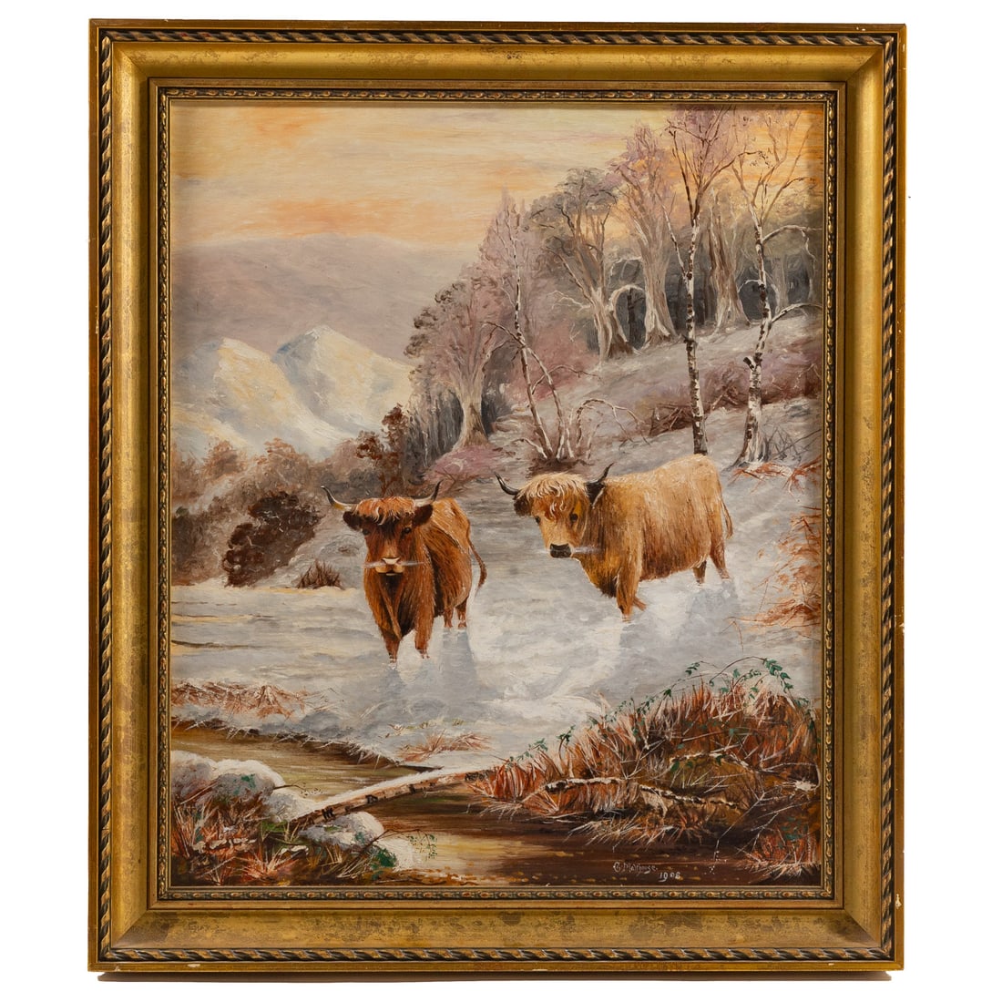 C. Malthouse. Cattle in the Snow, oil: (20th century) Oil on canvas, signed and dated "C. Malthouse, 1908" lr, 30 x 25 in., framed size: 34 3/4 x 30 in.