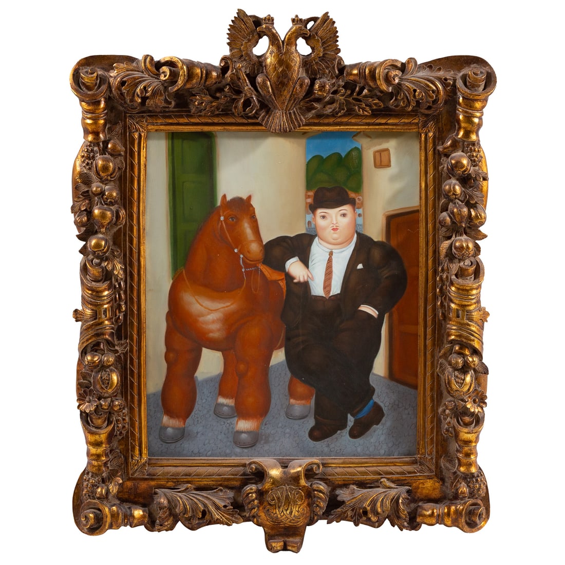 Artist Unknown. Man with Horse, oil: (20th century) Oil on canvas, unsigned, 24 x 20 in., framed size: 38 1/2 x 29 in.