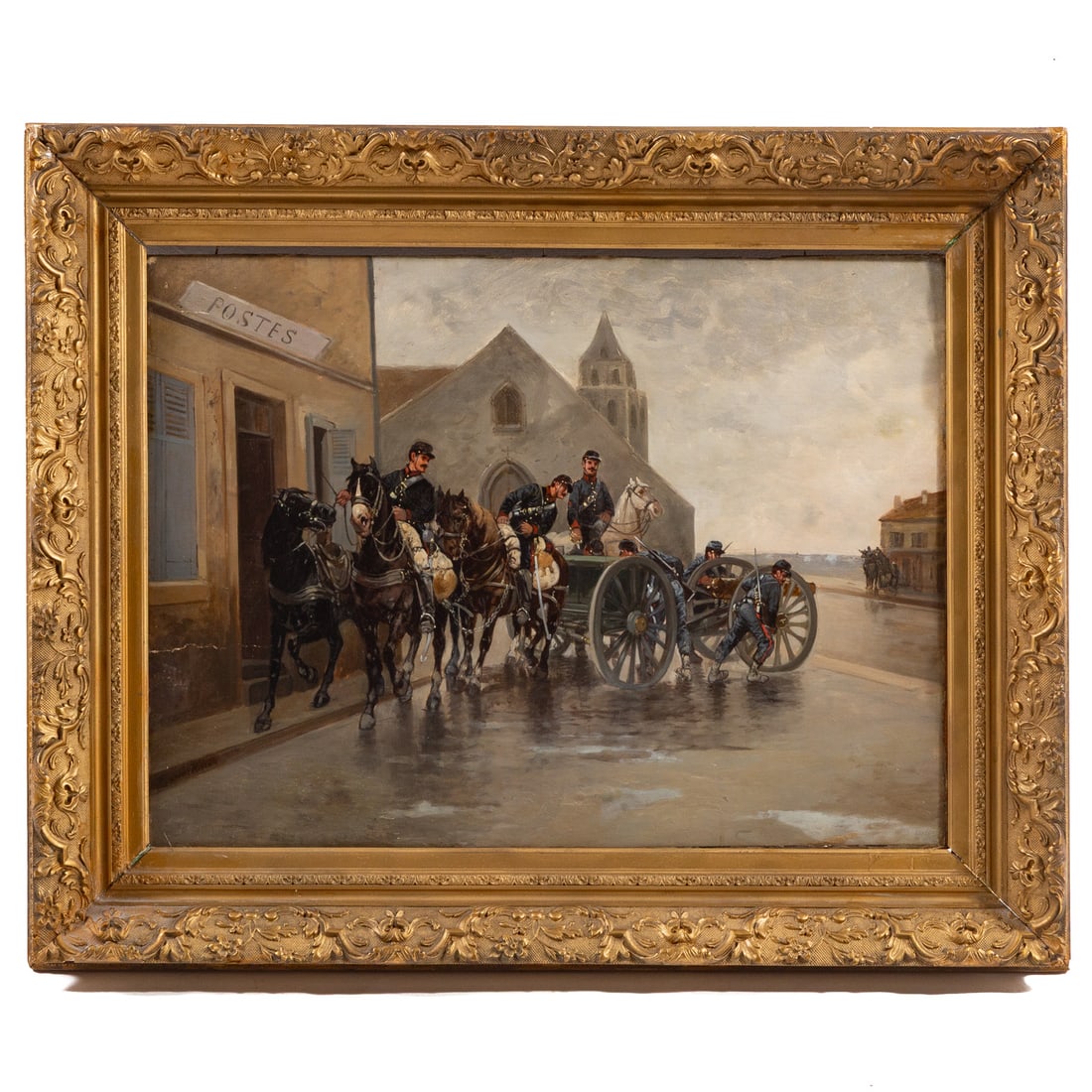 Artist Unknown. French Soldiers with a Caisson, oil: (20th century) Oil on panel, unsigned, 18 1/2 x 25 1/2 in., framed size: 26 1/2 x 32 3/4 in.