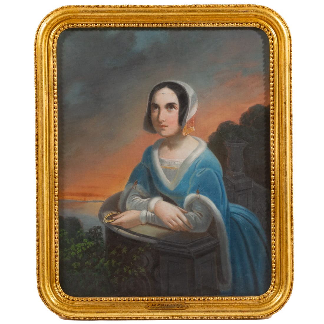 French School. Woman in Blue Dress, pastel: (Early 19th century) Pastel on paper, framed under glass, with plaque on frame reading "Medallion d'Or, Ecole Francaise, ca. 1830," sight size: 20 1/4 x 15 3/4 in., framed size: 23 1/2 x 19 1/2 in.