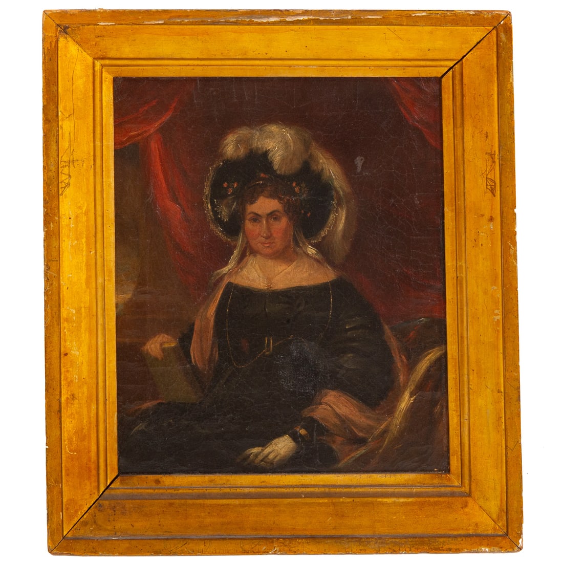 European School. Woman in Feathered Hat, oil: (Mid-19th century) Oil on canvas, unsigned, sight size: 13 1/4 x 11 1/4 in., framed size: 18 x 16 in.