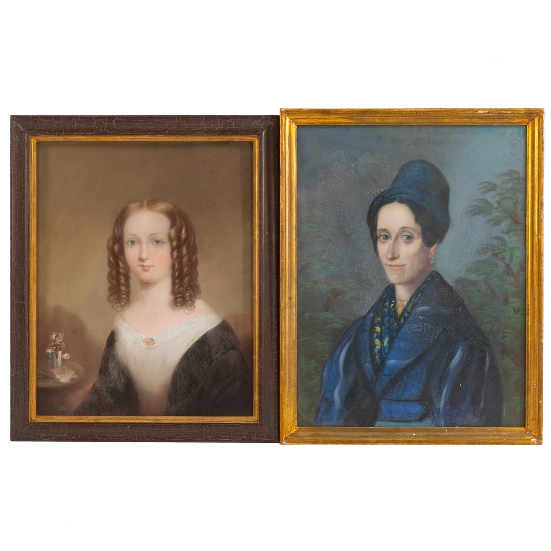 19th Century. A Pair of Victorian Portraits, pastel: (Late 19th century) Each pastel on paper under glass, one mounted to canvas with sitter identified as "Mrs. Stokes" and artist as "Wilson" on verso, each unsigned, largest sight size: 16 x 12 in., lar