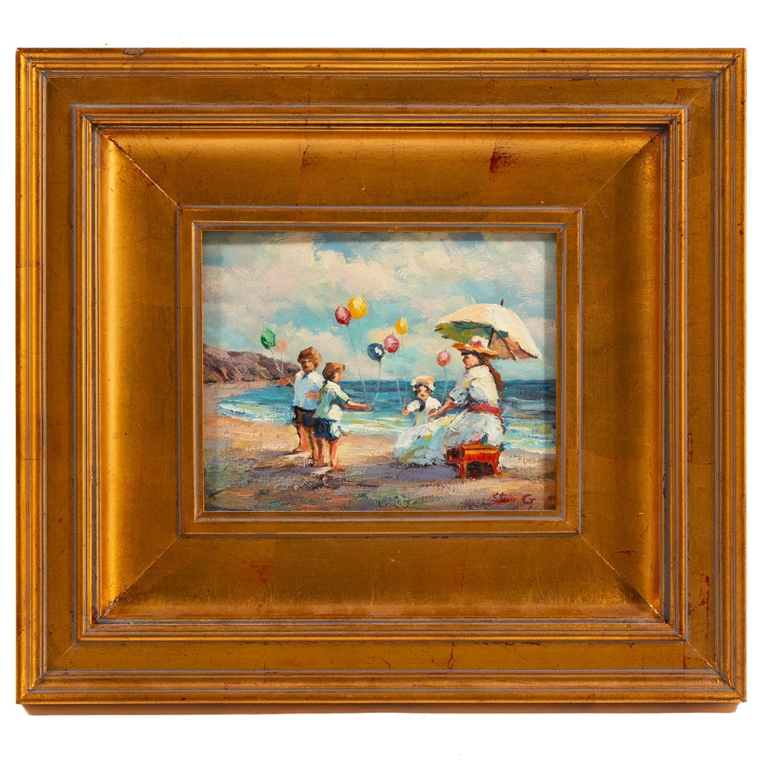 20th Century. Children with Balloons on Beach, oil: (20th century) Oil on canvas, signed illegibly lr, sight size: 7 1/2 x 9 1/2 in., framed size: 17 1/2 x 19 1/2 in.