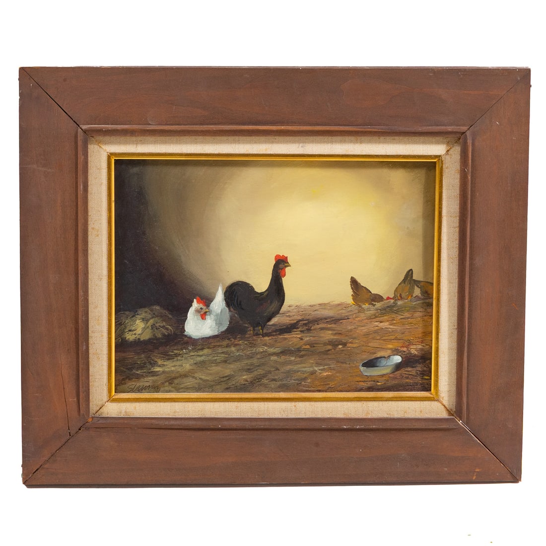 Helen Struven. Farmyard Scene with Chickens, oil: (American, 1909-1986) Oil on art board, signed "Struven" ll, sight size: 8 1/2 x 11 1/2 in., framed size: 15 x 18 in.