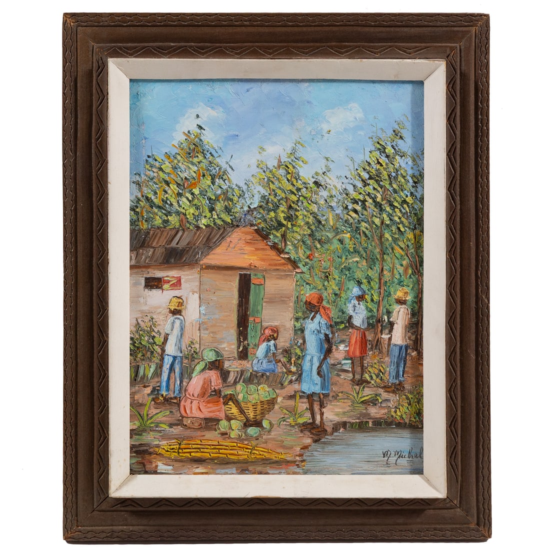 Haitian School. Village Scene, acrylic: (20th century) Acrylic on canvas, signed "M. Michel" lr, sight size: 15 1/2 x 11 1/2 in., framed size: 20 3/4 x 16 3/4 in.