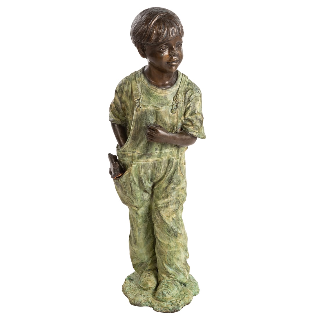 Contemporary Patinated Metal Figure of a Boy: Contemporary garden sculpture of a boy in overalls, frog leaping out of pocket, 40 1/2 in. H, 12 in. W, 16 in. D