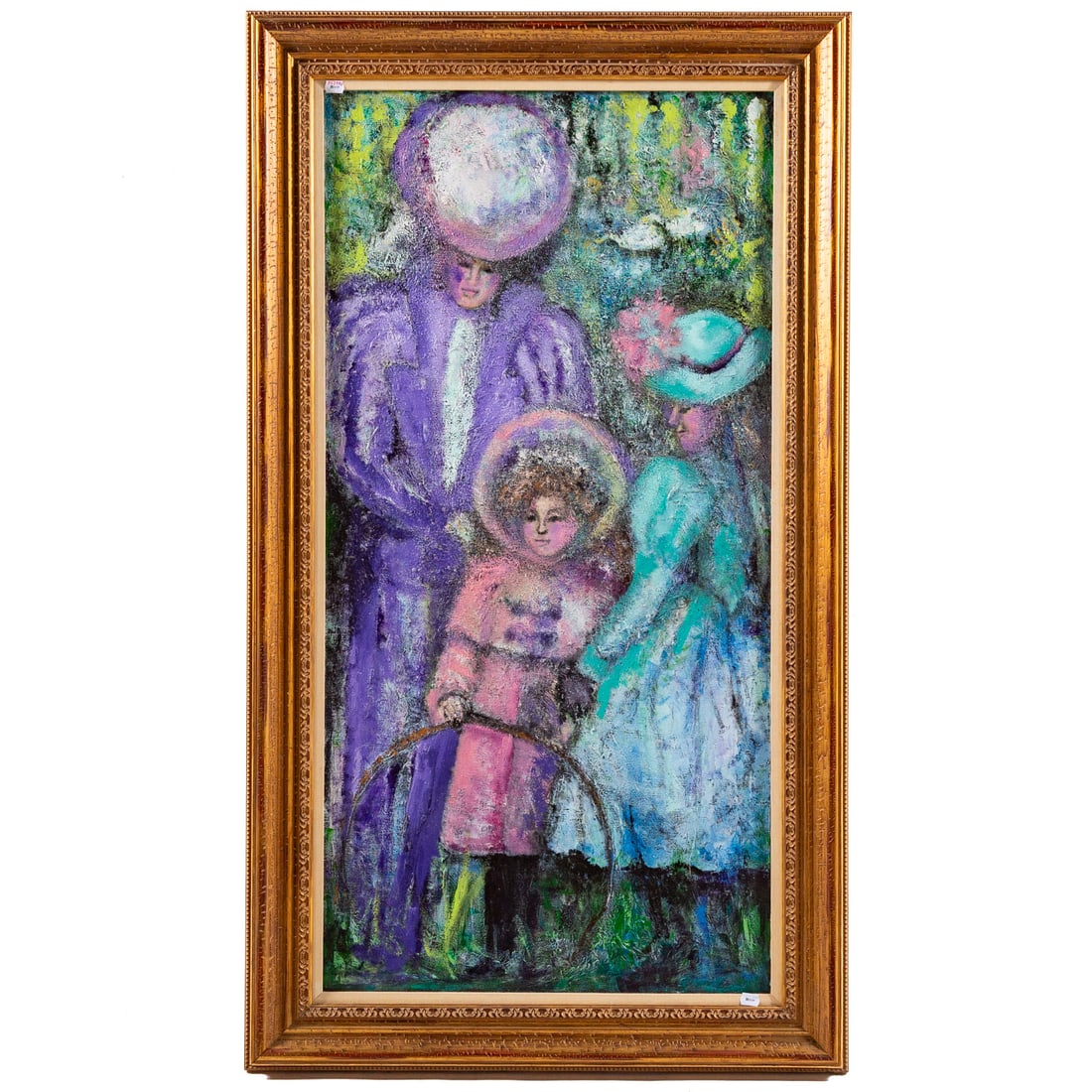 Artist Unknown. Mother and Children, oil: (20th century) Oil on canvas, unsigned, canvas size: 48 x 24 in., framed size: 56 x 32 in.