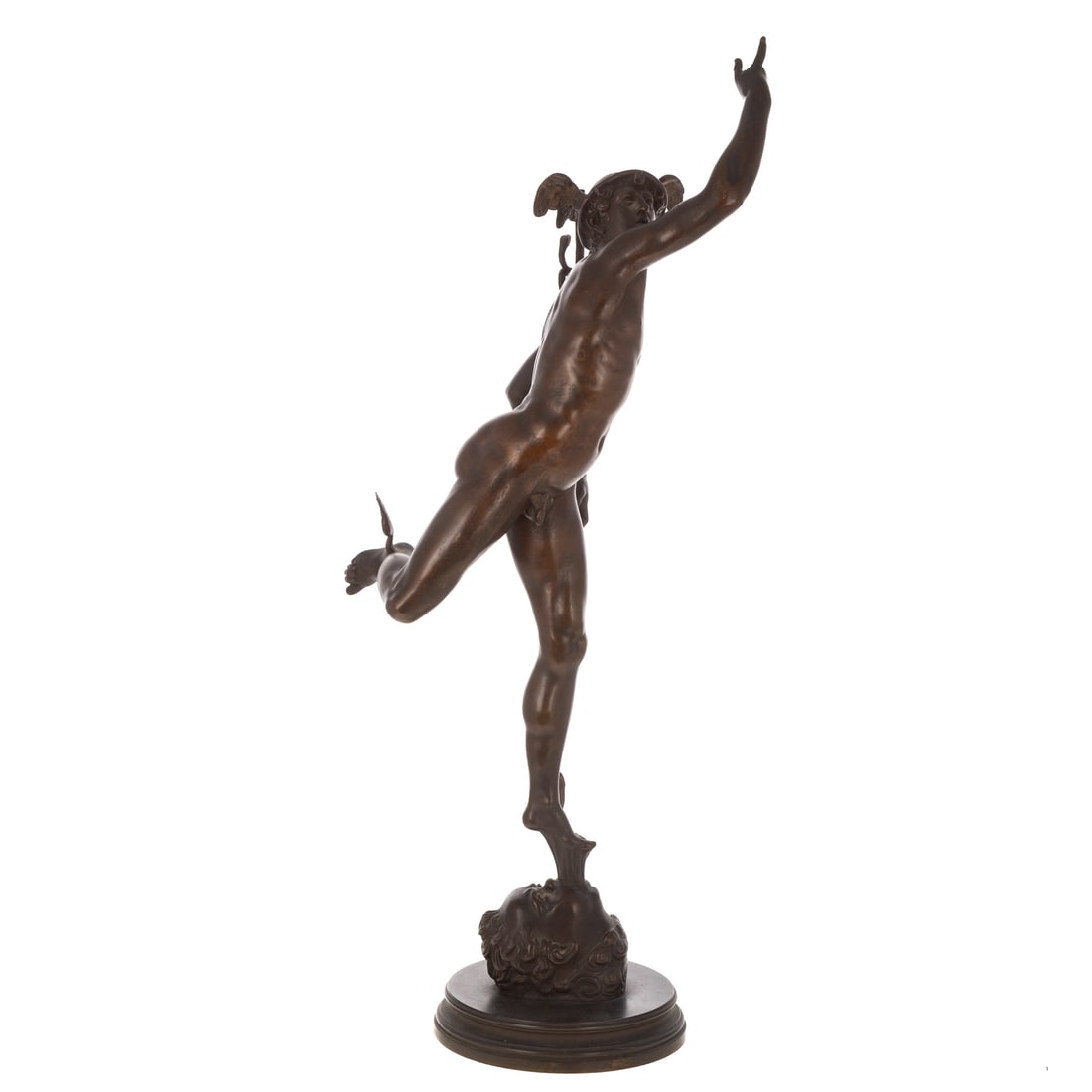 After Jean de Bologne Patinated Bronze of Mercury: After Jean de Bologne (Belgian, 1580-1664) Mercury, 20th century recast patinated bronze of the Renaissance sculpture in the Bargello National Museum, artist signature to top of base, 261/4 in. H.