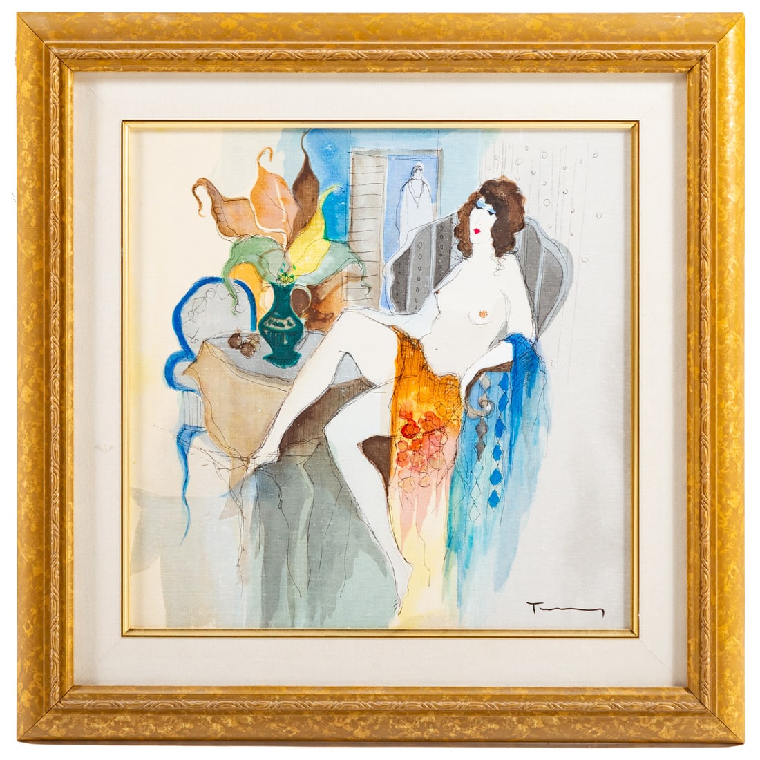 Isaac Tarkay. Seated Nude, mixed media: (Israeli, 1935-2012) Mixed media on board, signed "Tarkay" lr, sight size: 16 1/4 x 16 1/2 in., framed size: 23 x 22 3/4 in.