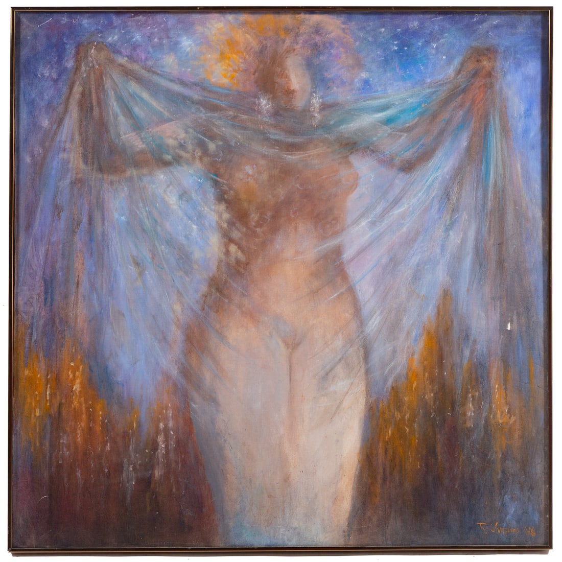 R. Shapiro. Figure in Gossamer, oil: (20th century) Oil on canvas, signed and dated "R. Shapiro, '86" ll, sight size: 39 3/4 x 39 3/4 in., framed size: 40 1/4 x 40 1/4 in.