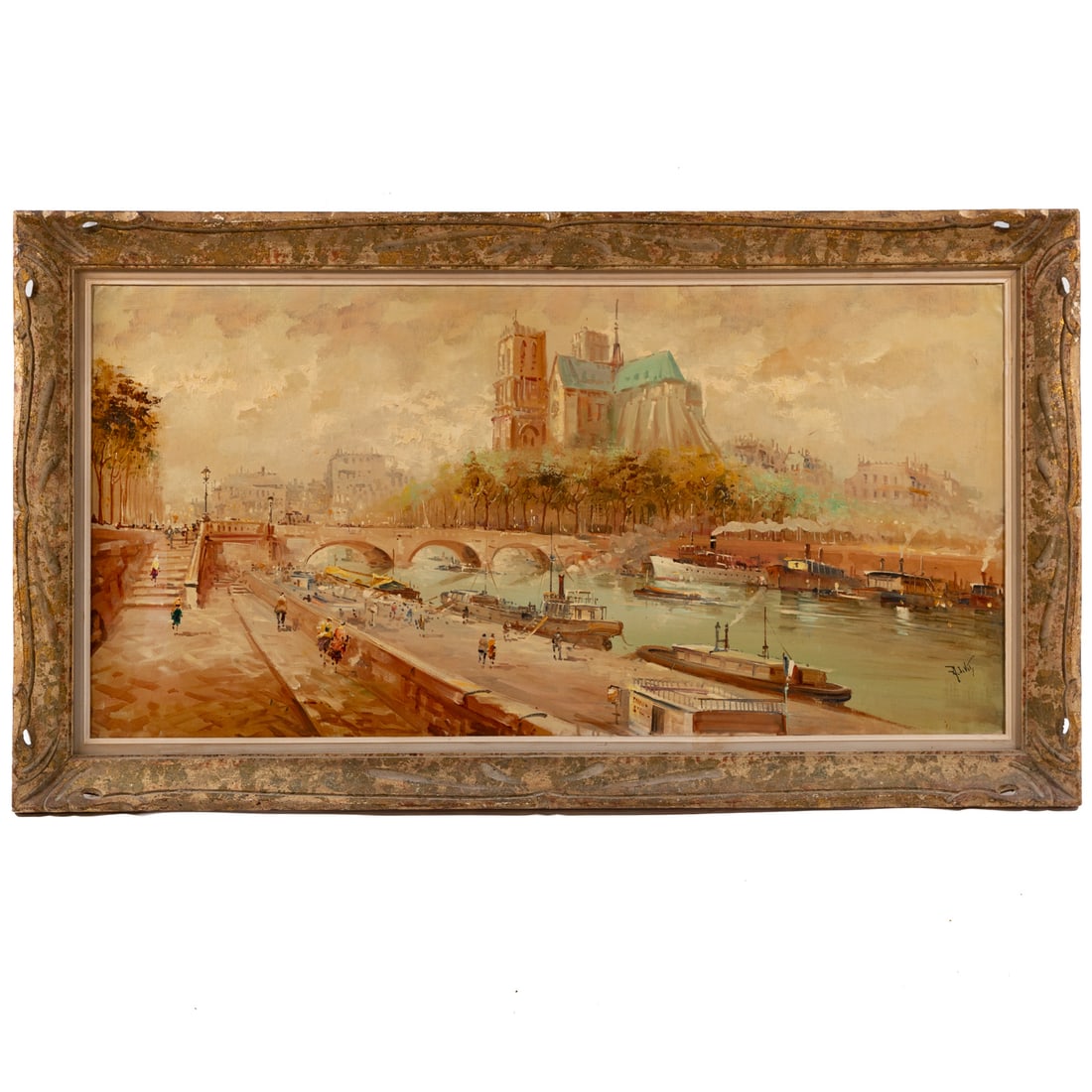 Antonio DeVity. Notre Dame, Paris, oil: (Italian, 1901-1993) Oil on canvas, signed "A. DeVity" lr, sight size: 24 x 48 in., framed size 31 x 55 in.