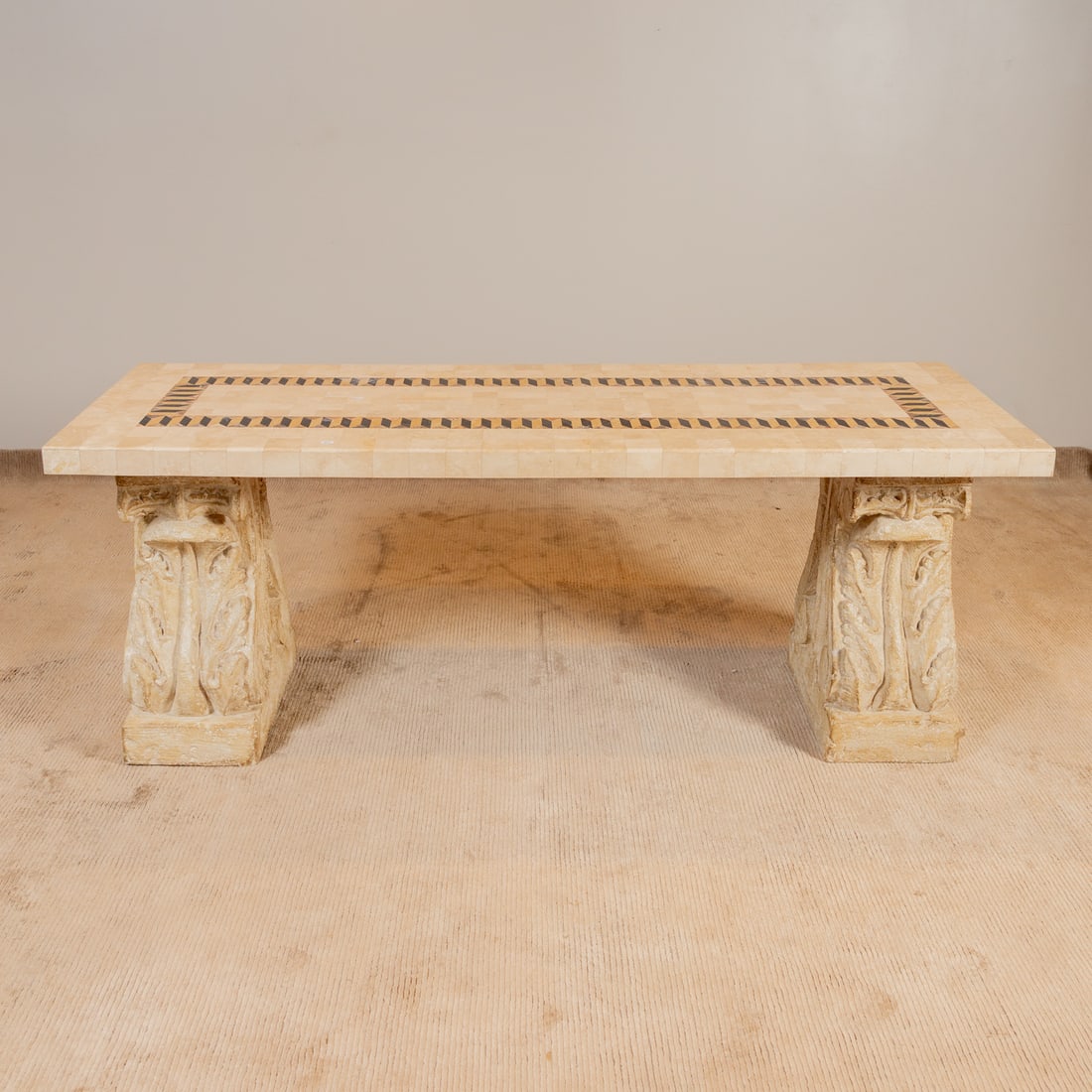 Contemporary Stone & Cast Plaster Table: Pieced stone top over two classical influenced pedestals, 30 3/4 in. H, 78 1/2 in. W, 27 1/2 in. D