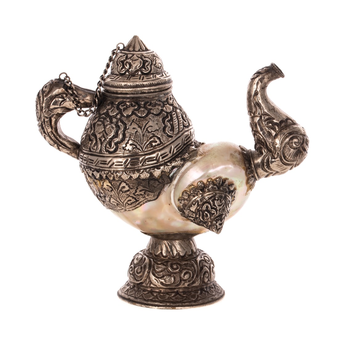 Tibetan Silvered Metal-Mounted Shell Teapot (1 of 3)