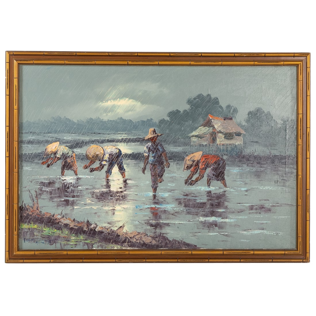 Phillipine School. Rice Harvesters, oil: (20th century) Oil on canvas, 1979, signed "R. Valdez" and dated ll, sight size: 23 1/4 x 35 1/2 in., framed size: 27 x 39 in.