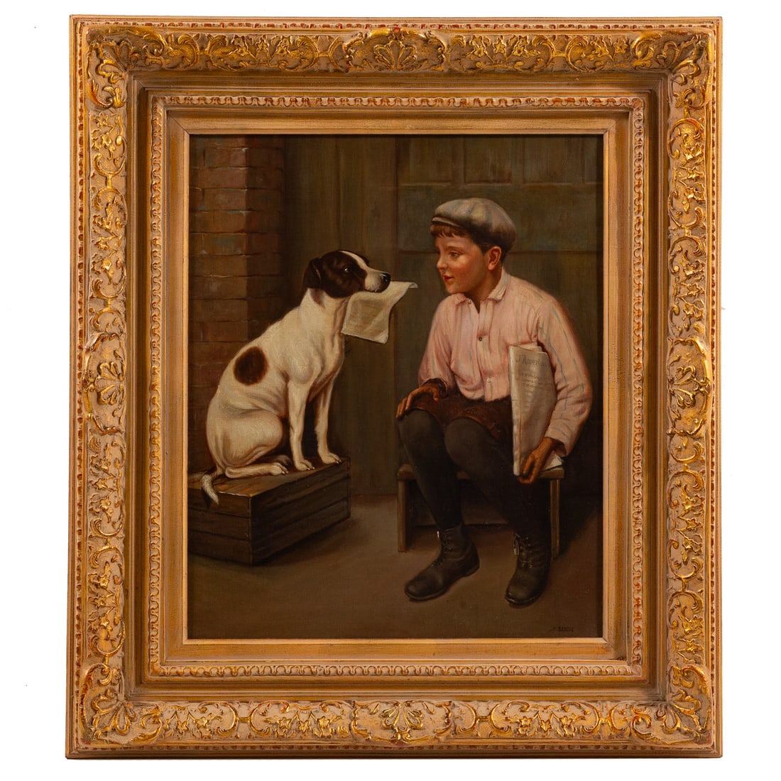 S. Bedell. Newspaper Boy with Dog, oil: (20th century) Oil on canvas, signed "S. Bedell" lr, 24 x 20 in., framed size: 34 x 30 in.