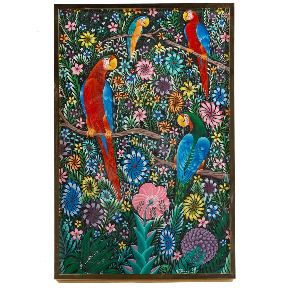 Jean-Claude Paul. Parrots, acrylic: (Haitian, 20th century) Acrylic on canvas, signed "Jn Claude Paul" lr, 35 x 23 in., framed size: 35 1/4 x 23 1/4 in.
