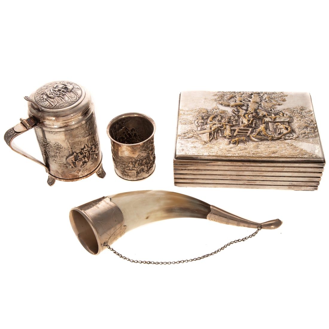 Collection of Interesting Silver Plated Objects: Including: four pieces of Continental hollowware - a box, 2 3/8 in. H, 7 1/4 in. W, 5 3/8 in. D; cup, 2 3/4 in. H; tankard, 5 5/8 in. H, and dish, 4 1/8 in. Diam., each decorated with genre scenes; tw