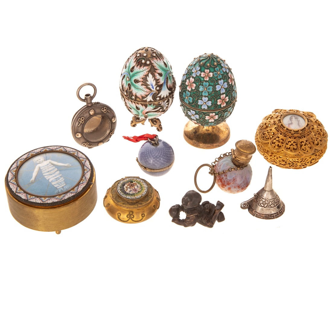 Collection of Objets de Vertu: Including: pair of Soviet enameled sterling egg boxes, 3 in. H; Louis Jacot 800 silver pocket watch case, serial# 11353, 1 1/4 in. Diam., .65 ozt.; silver-mounted guilloche enamel perfume charm; glass