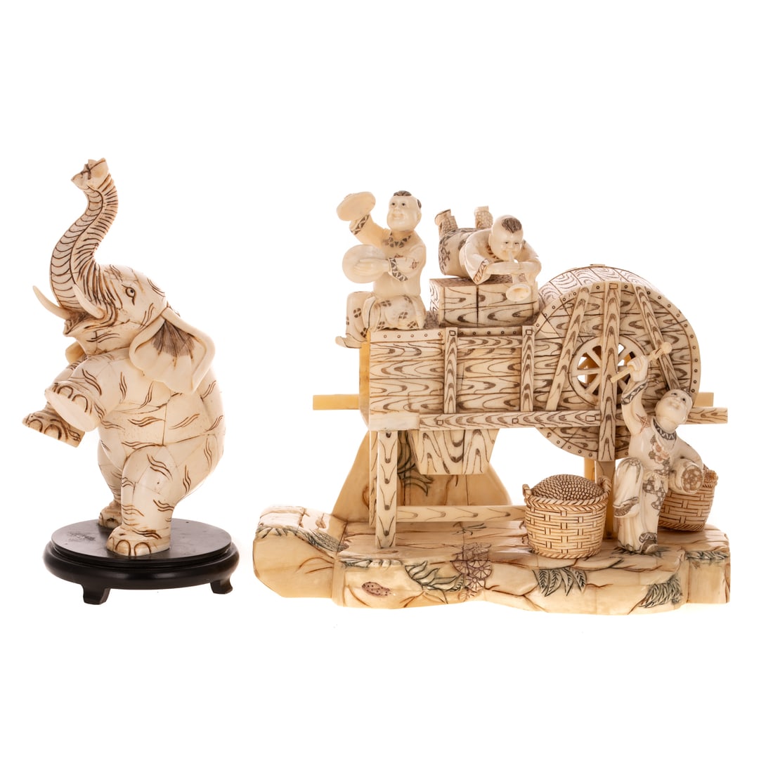 A Carved Musicians Group & Rampant Elephant: Vintage Chinese carved bone and tessellated partial polychrome group featuring a trio of musicians playing amid baskets and wood cart, 10 in. H, 11 1/2 in. W; together with a vintage Chinese tessellat