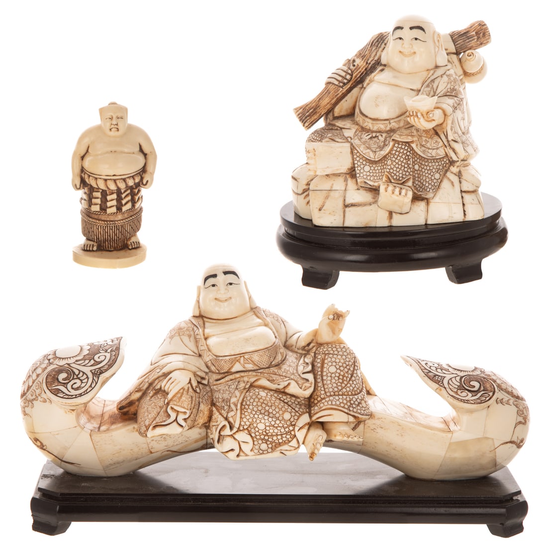 Two Carved Hotei Buddha Figures & A Sumo (1 of 4)